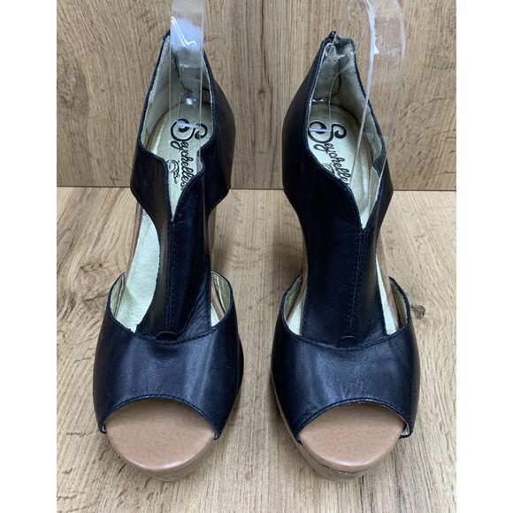 Seychelles Women's Wedge Platform Shoes Black Leather Back Zip Open Toe Size  9 - Picture 4 of 16